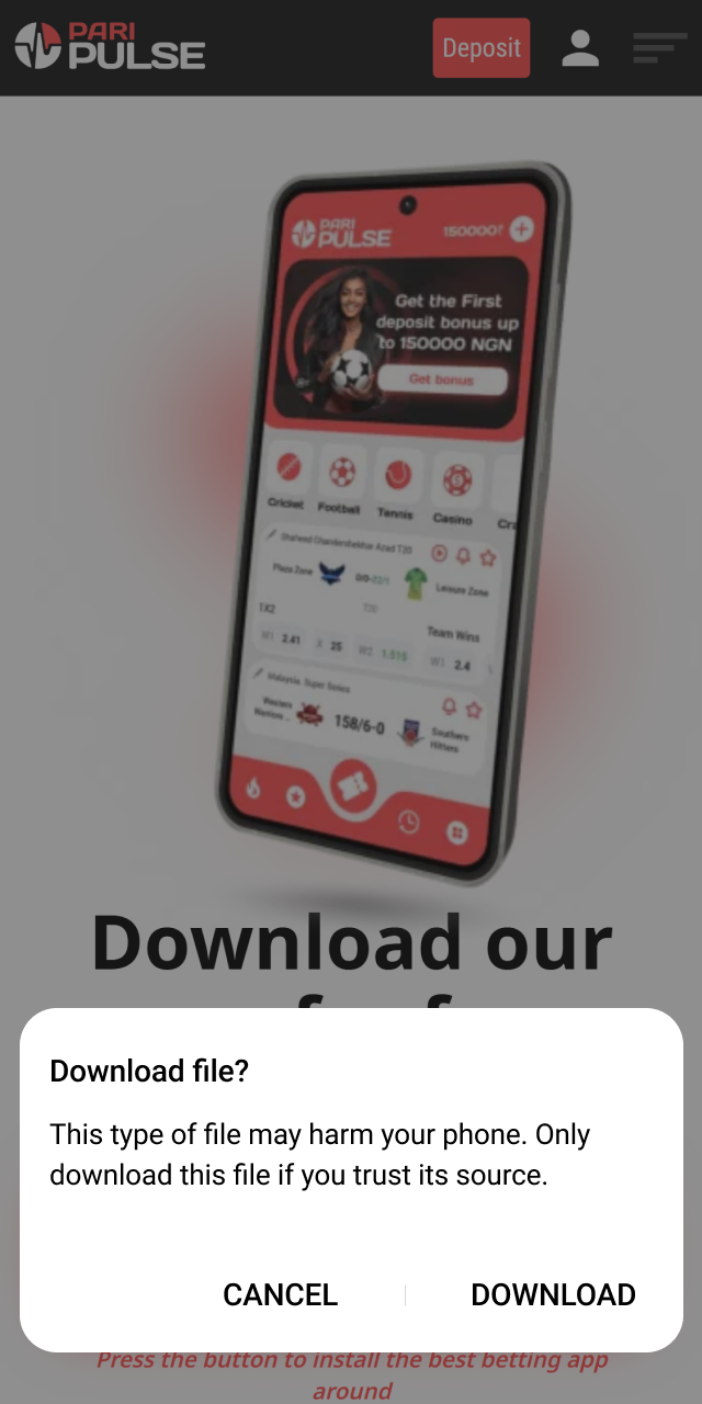 Confirm the download by tapping the save or download anyway button for PariPulse.