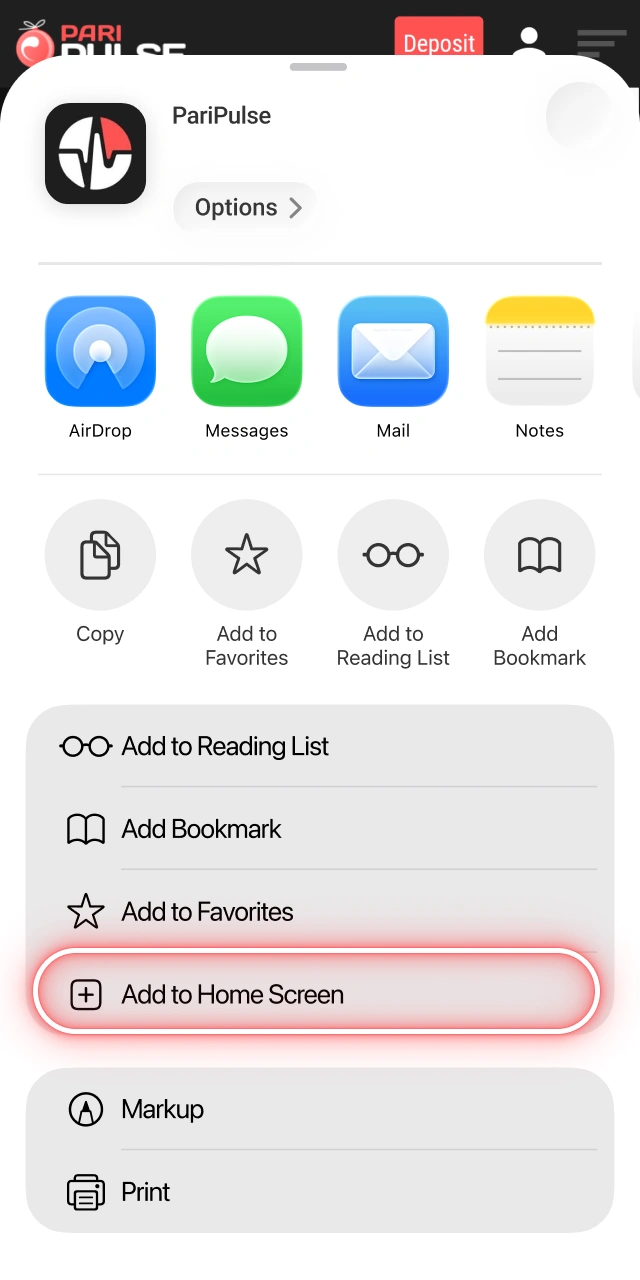 Tap Add to Home Screen to create a shortcut for PariPulse on iOS.