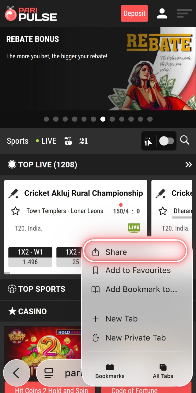 Open the browser menu and select the share icon to install PariPulse.