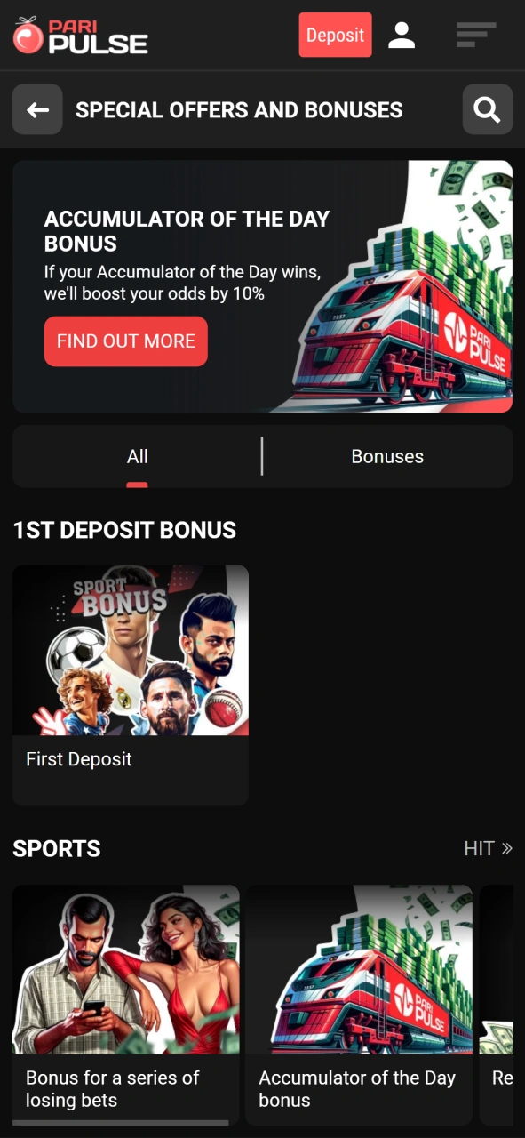 Browse the special offers and bonuses available on the PariPulse mobile app.