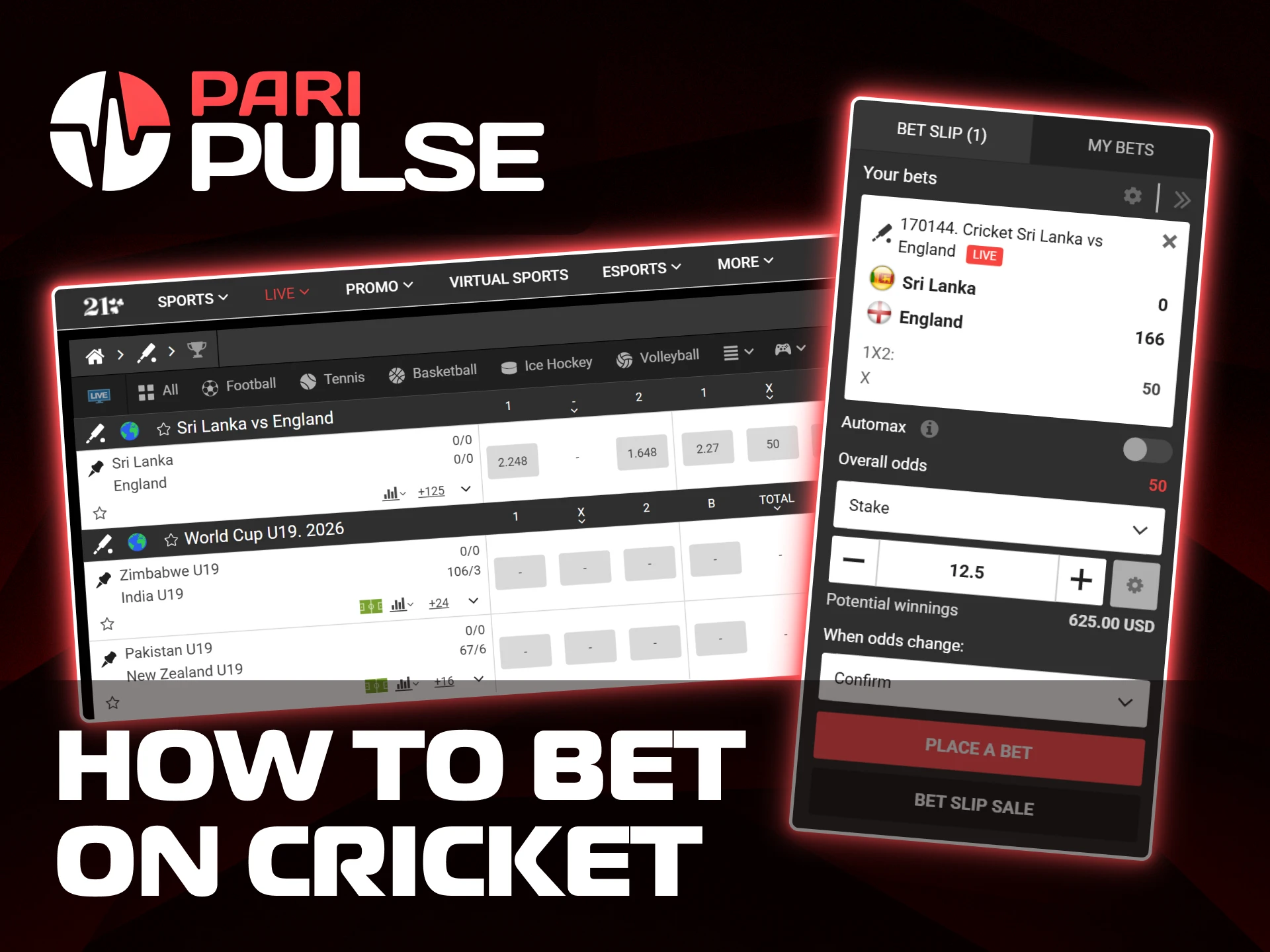 Follow the steps to place a wager on cricket matches using the PariPulse bet slip.