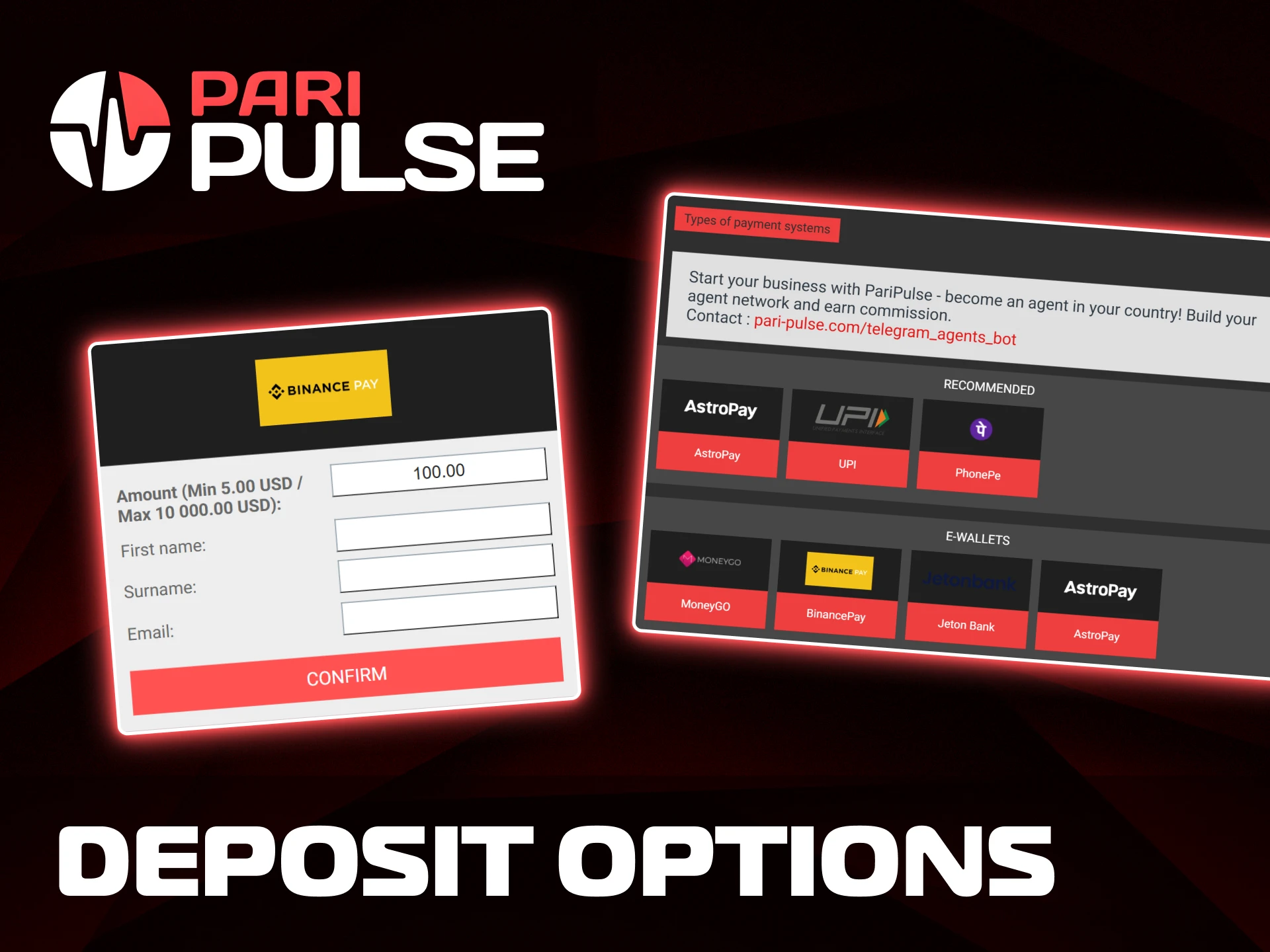 Choose from various deposit methods to fund your PariPulse wallet instantly.