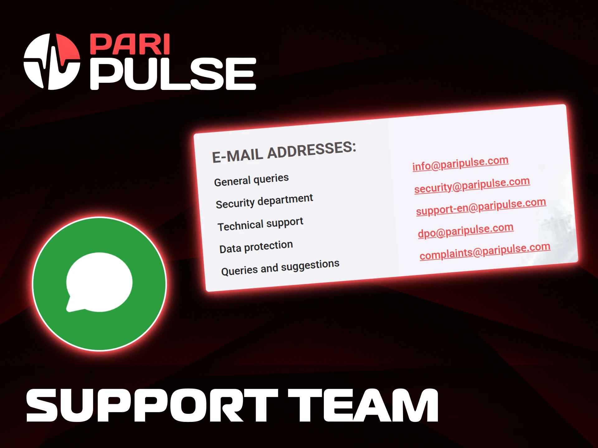Find the list of official email addresses to contact the PariPulse support team.